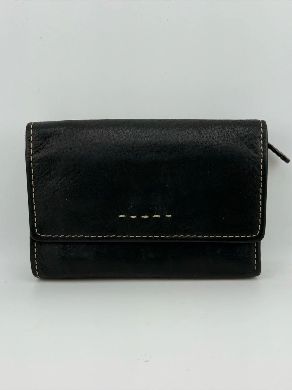 Fossil Black Leather Trifold Wallet ID Zip Coin Pocket Bifold Slim